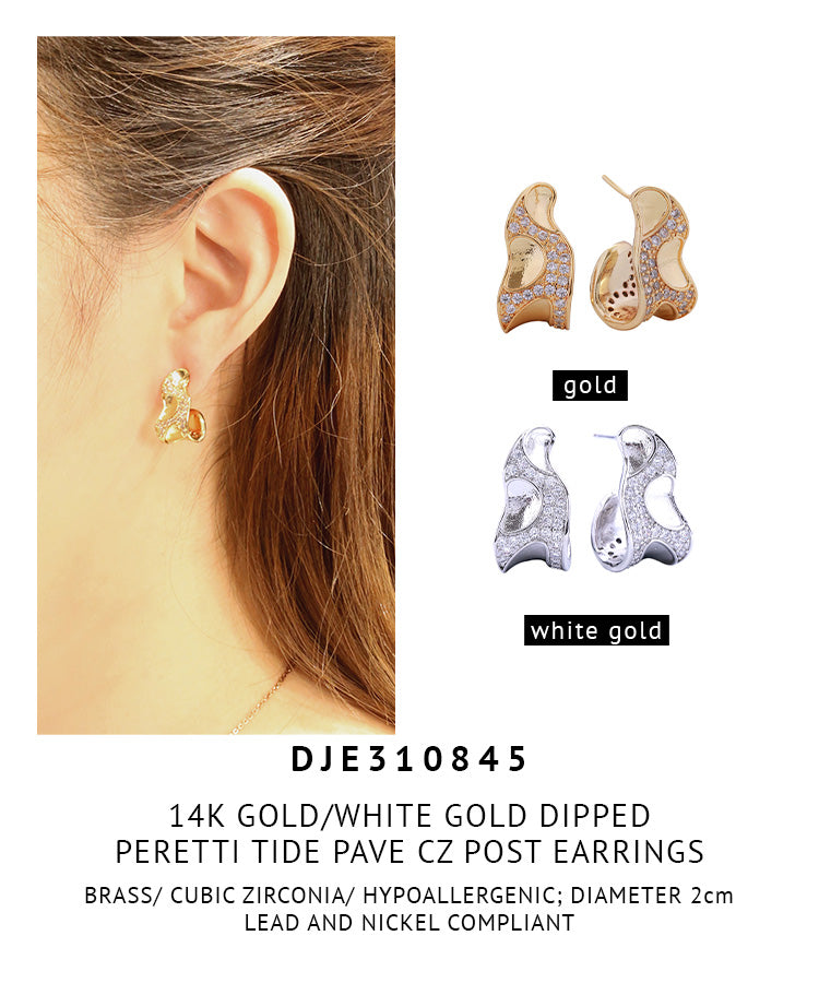 14K Gold Dipped Peretti Tide Pave CZ Post Earrings
