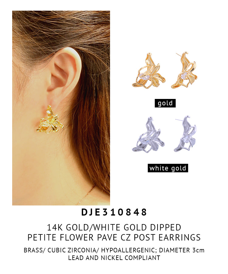 14K Gold Dipped Petite Flower Pave CZ Post Earrings
