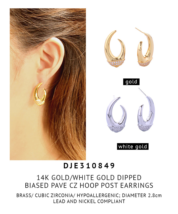 14K Gold Dipped Biased Pave CZ Hoop Post Earrings