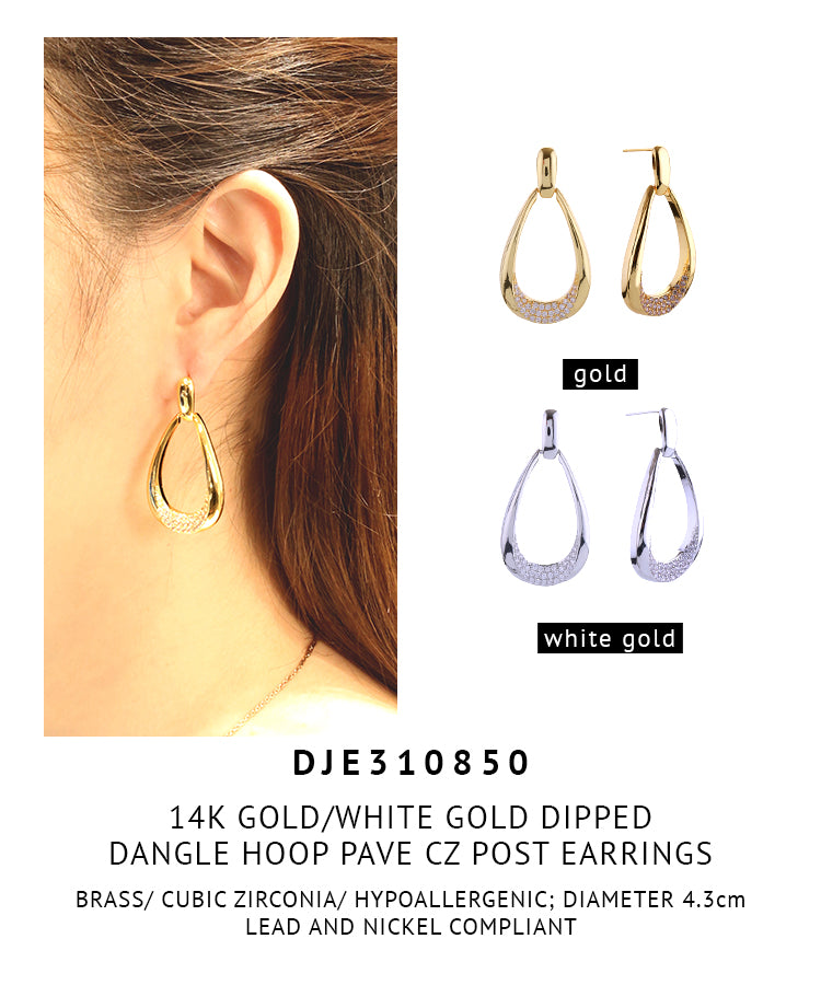14K Gold Dipped Dangle Hoop Pave CZ Earrings