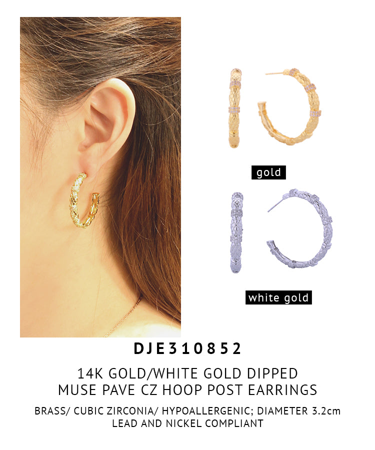 14K Gold Dipped Muse Pave CZ Hoop Post Earrings