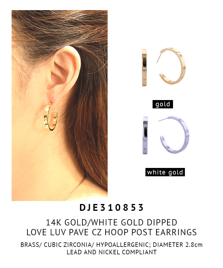 14K Gold Dipped Love Luv Pave CZ Hoop Post Earrings