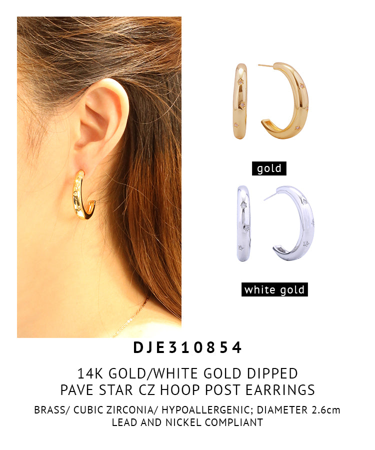 14K Gold Dipped Pave Star CZ Hoop Post Earrings