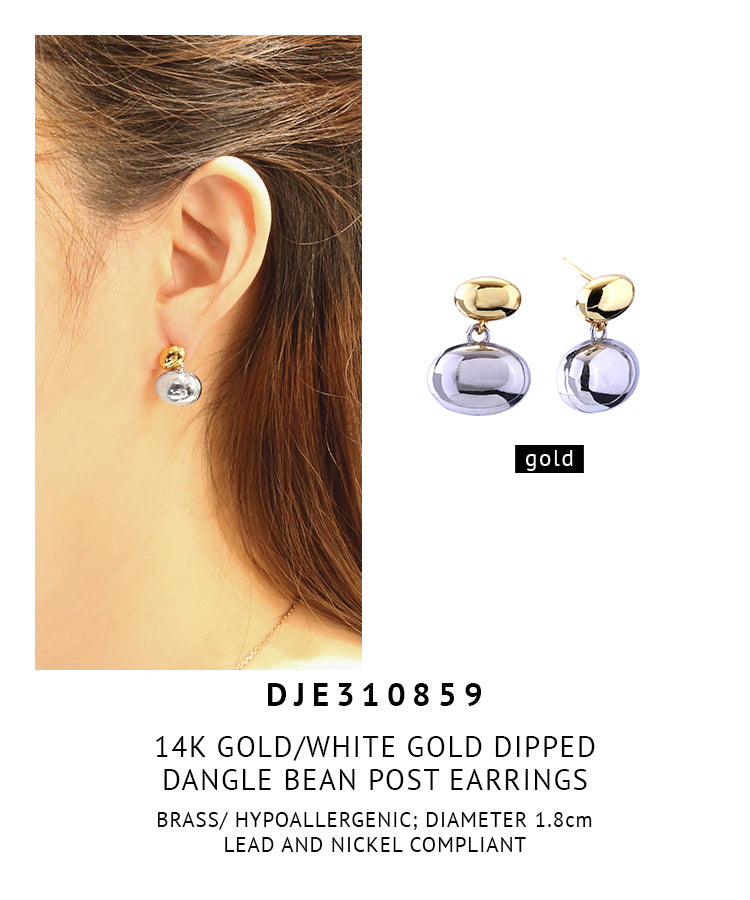 14K Gold Dipped Dangle Bean Post Earrings