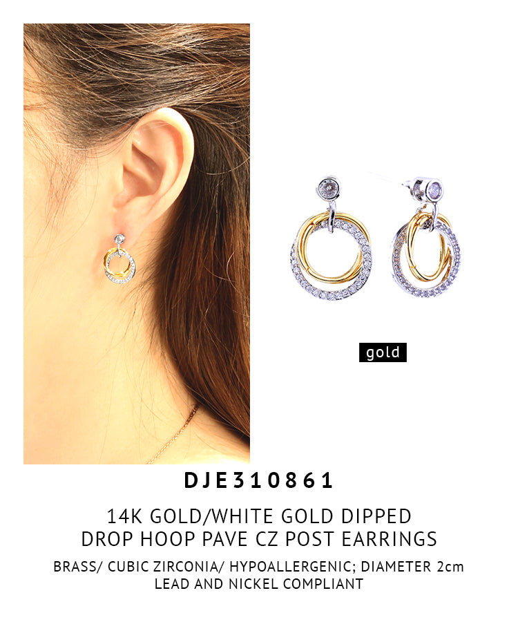 14K Gold Dipped Drop Hoop Pave CZ Post Earrings