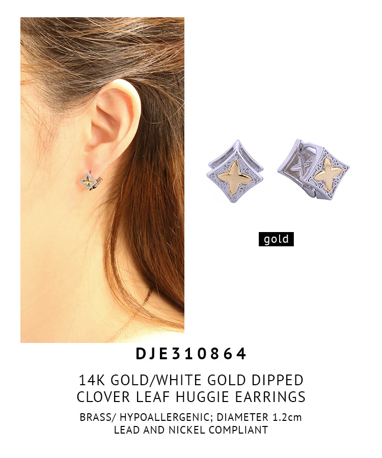 14K Gold Dipped Clover Leaf Huggie Earrings