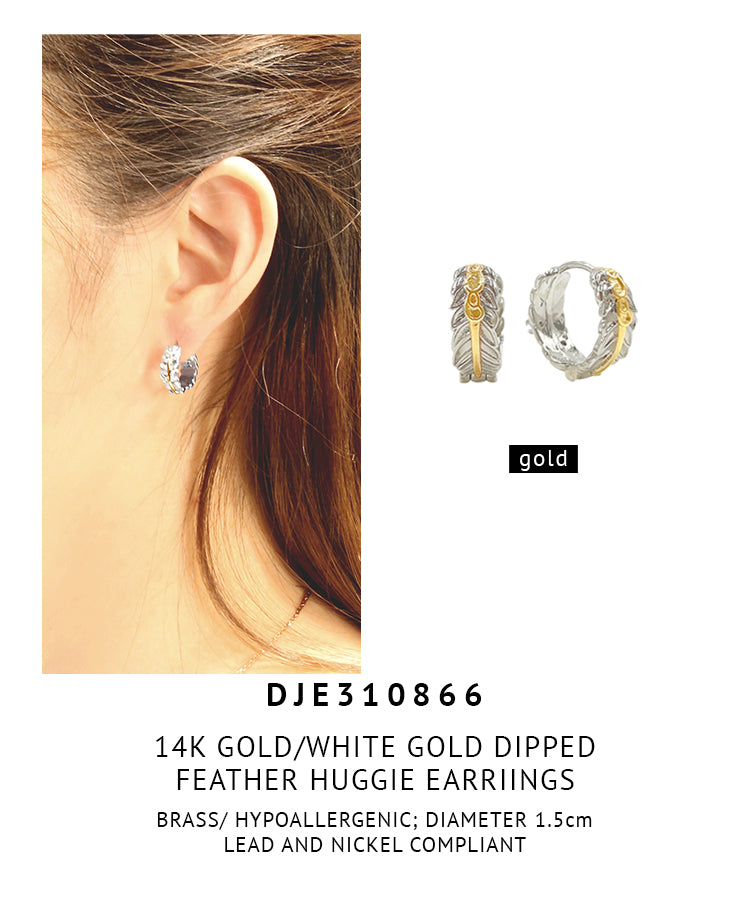 14K Gold Dipped Feather Huggie Earrings