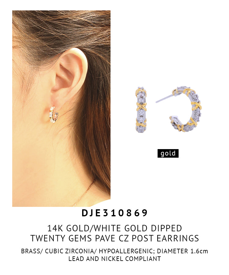 14K Gold Dipped Twenty Gems Pave CZ Post Earrings