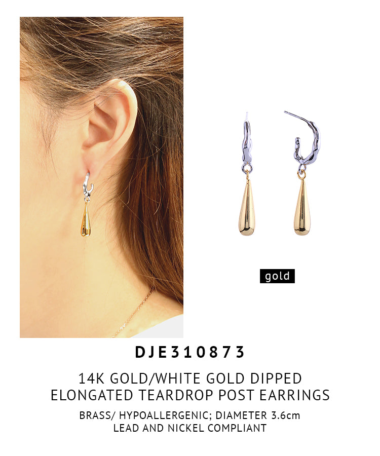 14K Gold Dipped Elongated Teardrop Post Earrings
