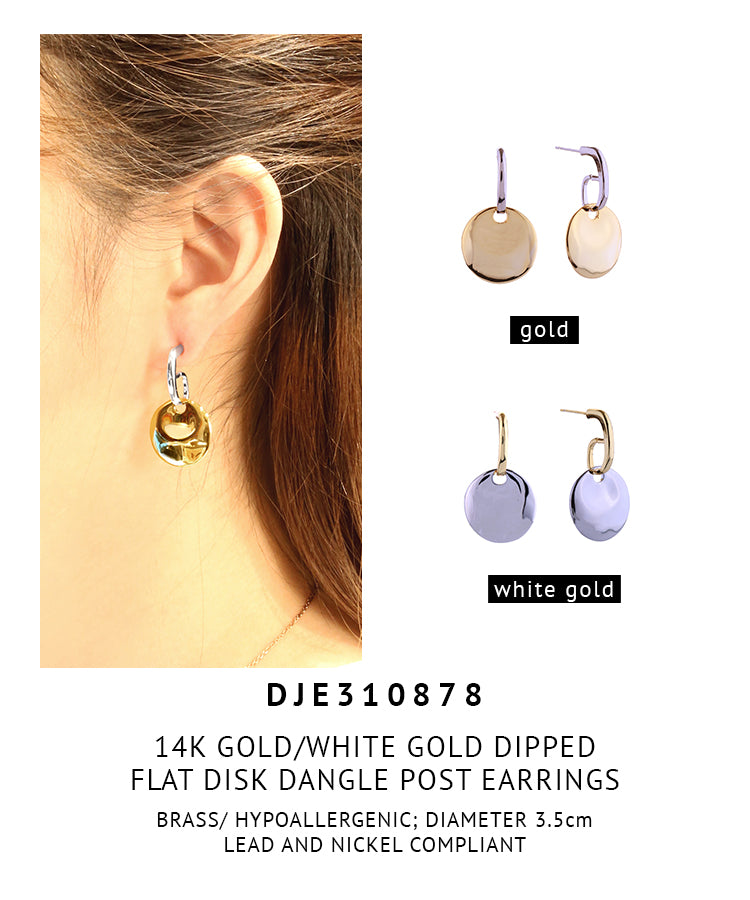 14K Gold Dipped Flat Disk Dangle Post Earrings