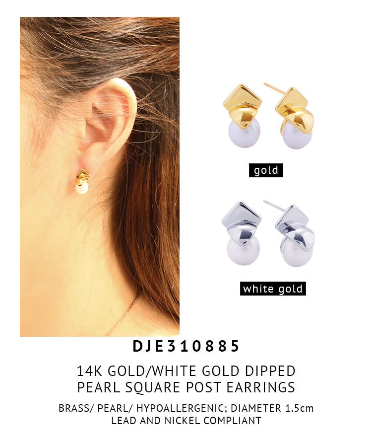 14K Gold Dipped Pearl Square CZ Post Earrings