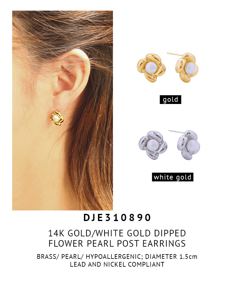 14K Gold Dipped Flower Pearl Post Earrings