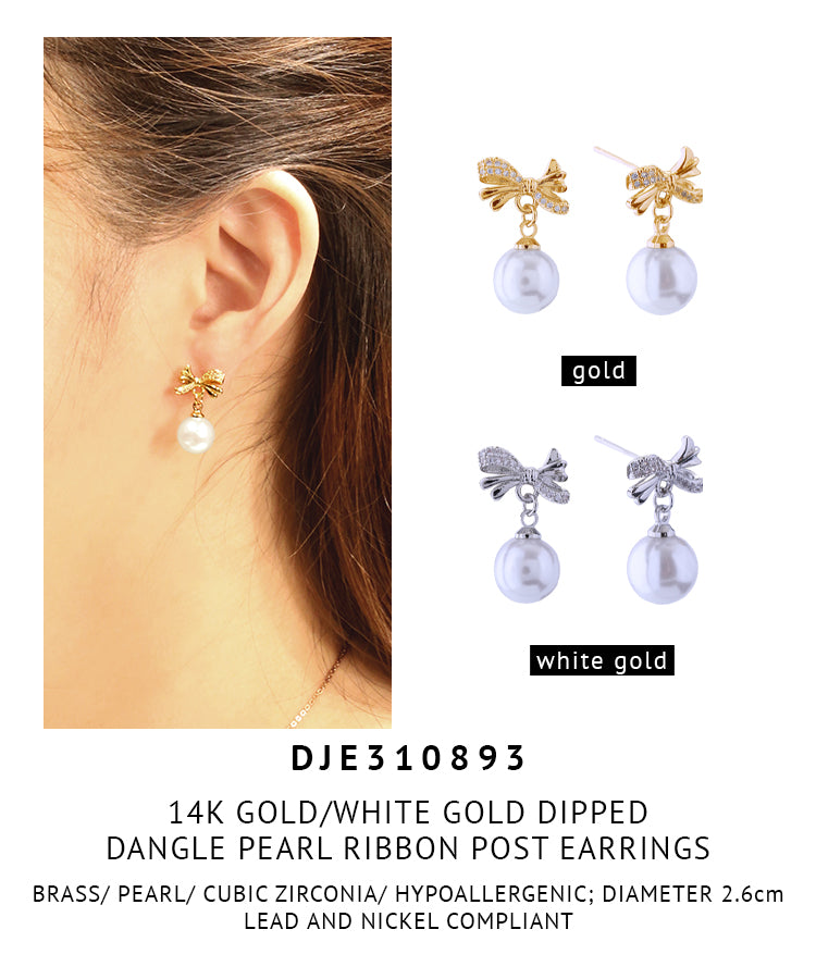 14K Gold Dipped Dangle Pearl Ribbon Post Earrings