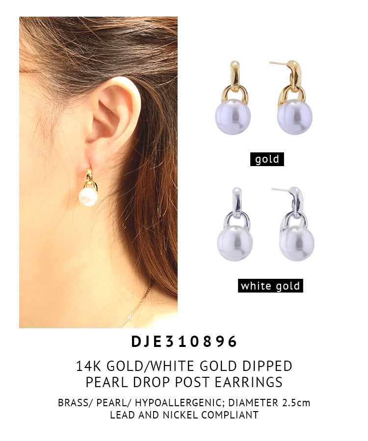 14K Gold Dipped Pearl Drop Post Earrings