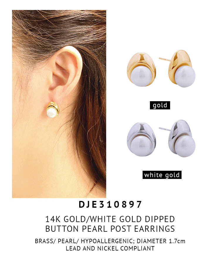 14K Gold Dipped Button Pearl Post Earrings