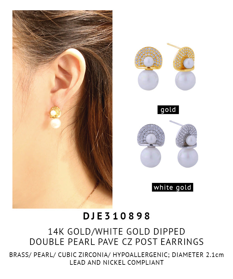 14K Gold Dipped Double Pearl Pave CZ Post Earrings