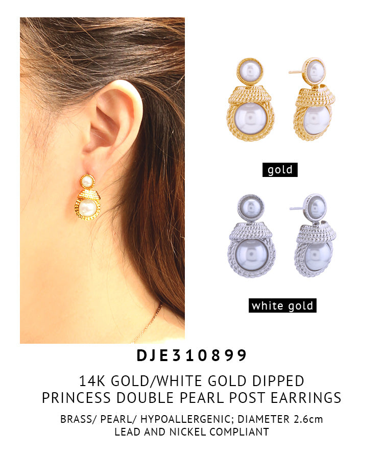 14K Gold Dipped Princess Double Pearl Post Earrings