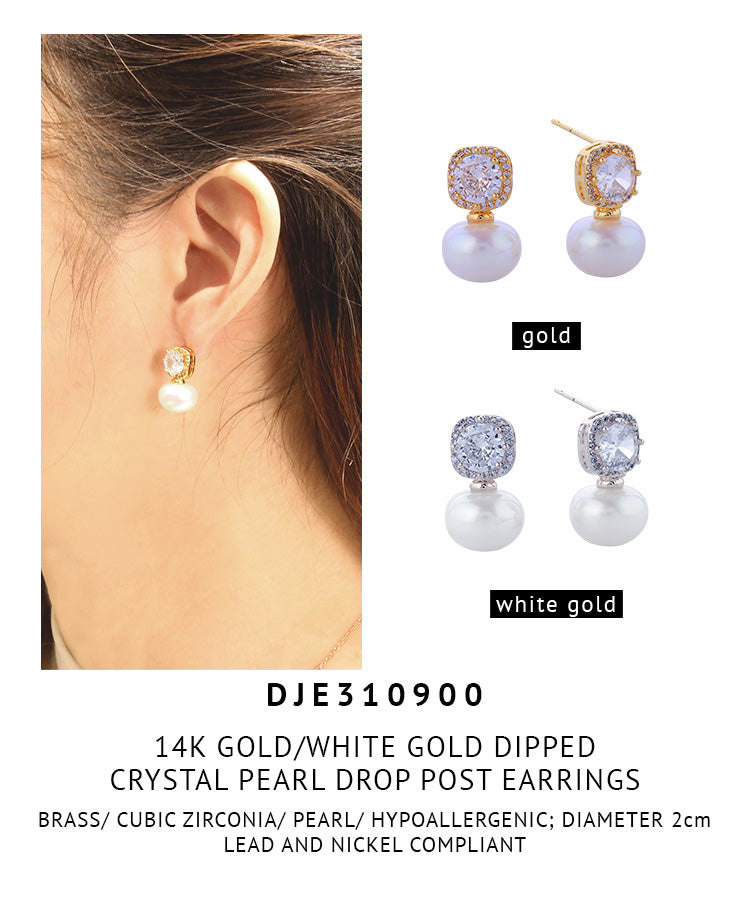 14K Gold Dipped Crystal Pearl Drop Post Earrings