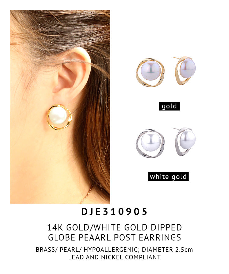 14K Gold Dipped Globe Pearl Post Earrings