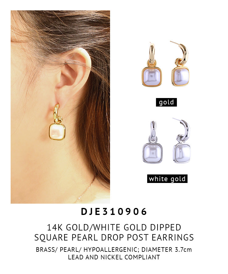 14K Gold Dipped Square Pearl Drop Post Earrings