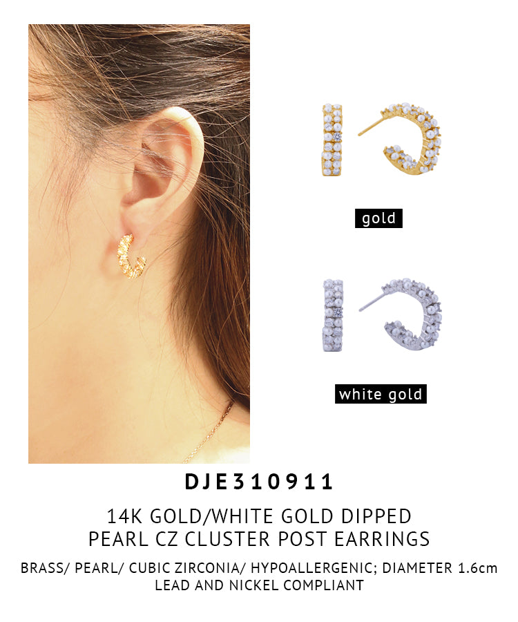 14K Gold Dipped Pearl CZ Cluster Post Earrings
