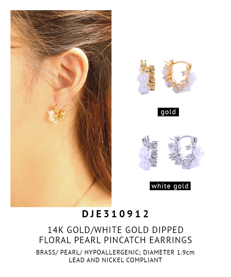 14K Gold Dipped Floral Pearl CZ Pincatch Earrings