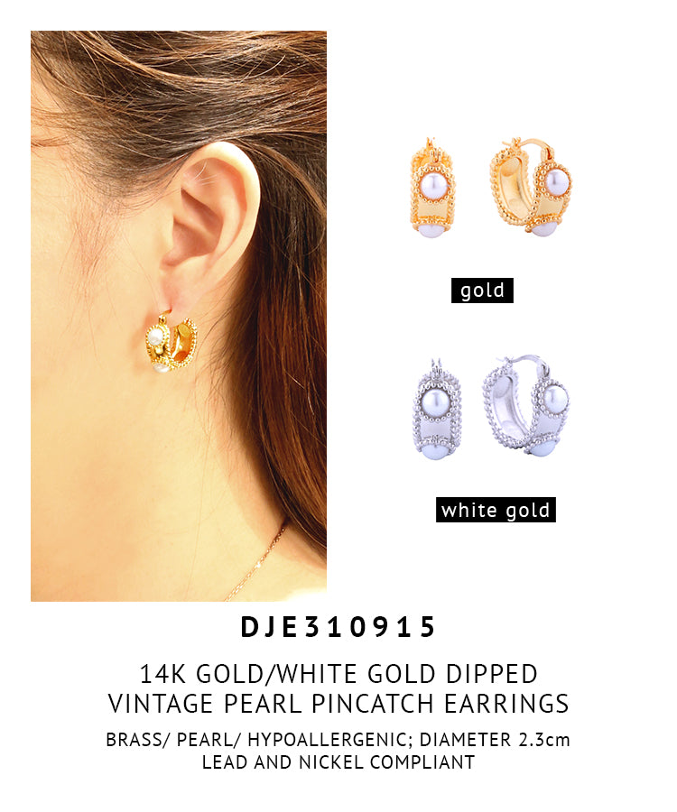 14K Gold Dipped Vintage Pearl Pincatch Earrings
