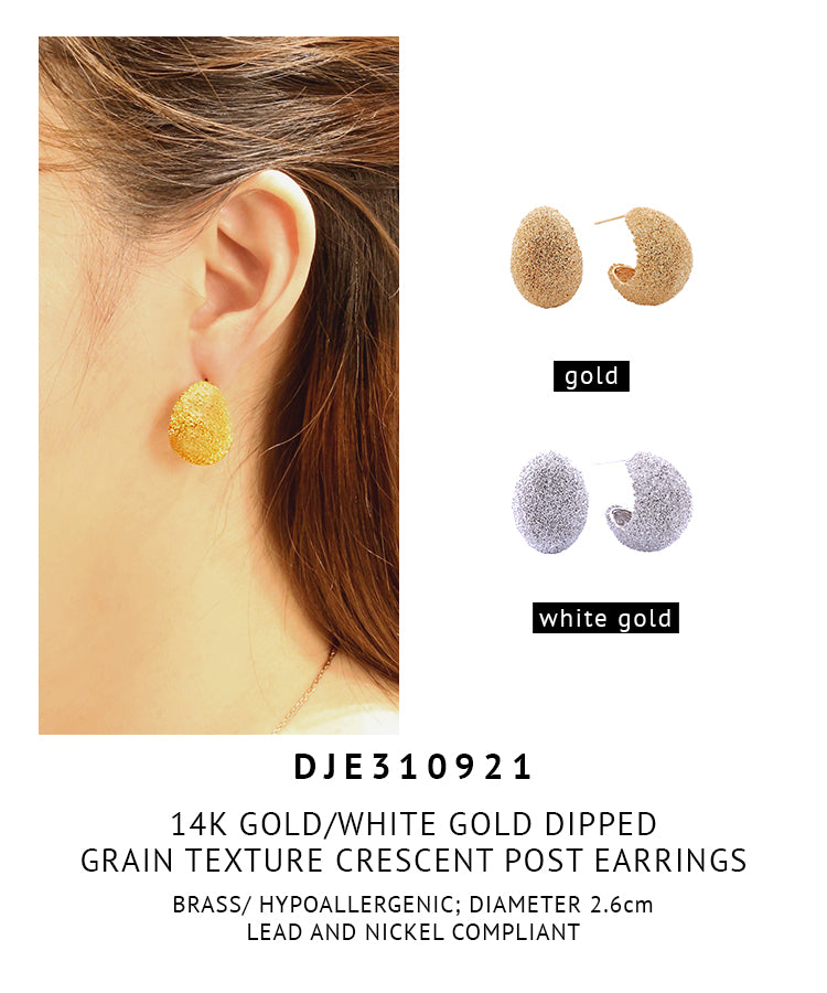 14K Gold Dipped Grain Texture Crescent Post Earrings