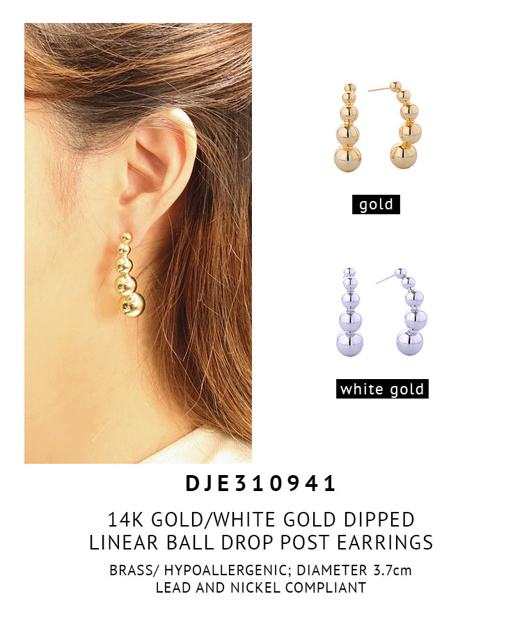 14K Gold Dipped Linear Ball Drop Post Earrings