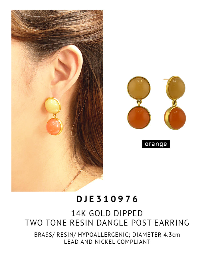14K Gold Dipped Two Tone Resin Dangle Post Earrings