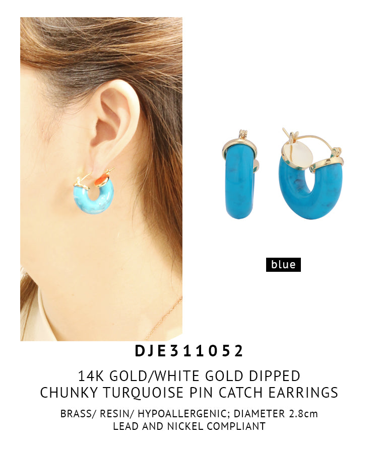 14K Gold Dipped Chunky Turquoise Pin catch Earrings