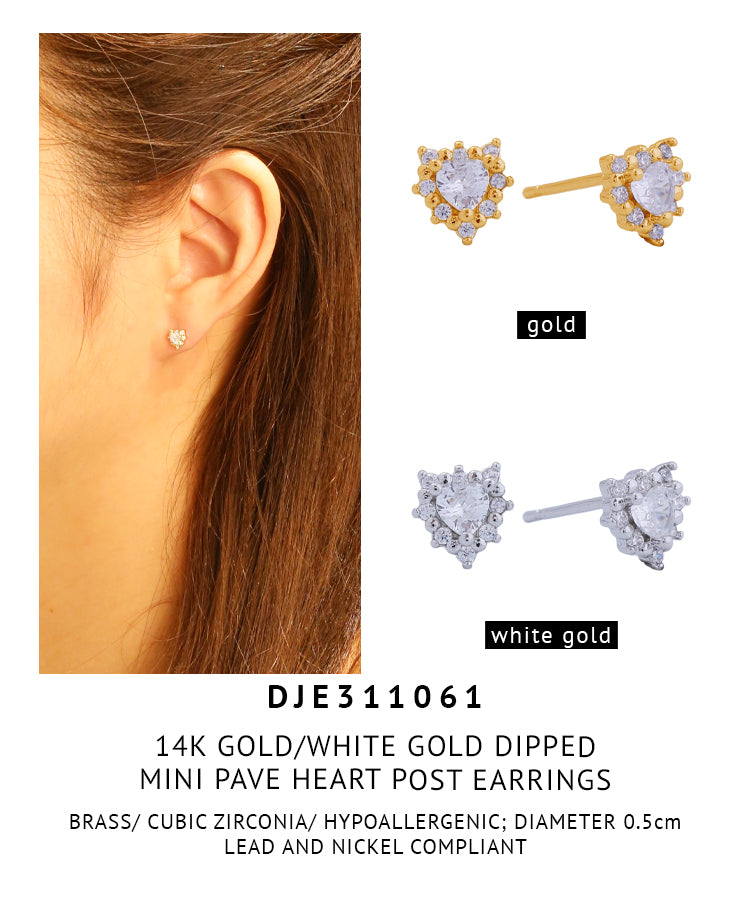 14K Gold Dipped Mini Pave Heart Post Earrings