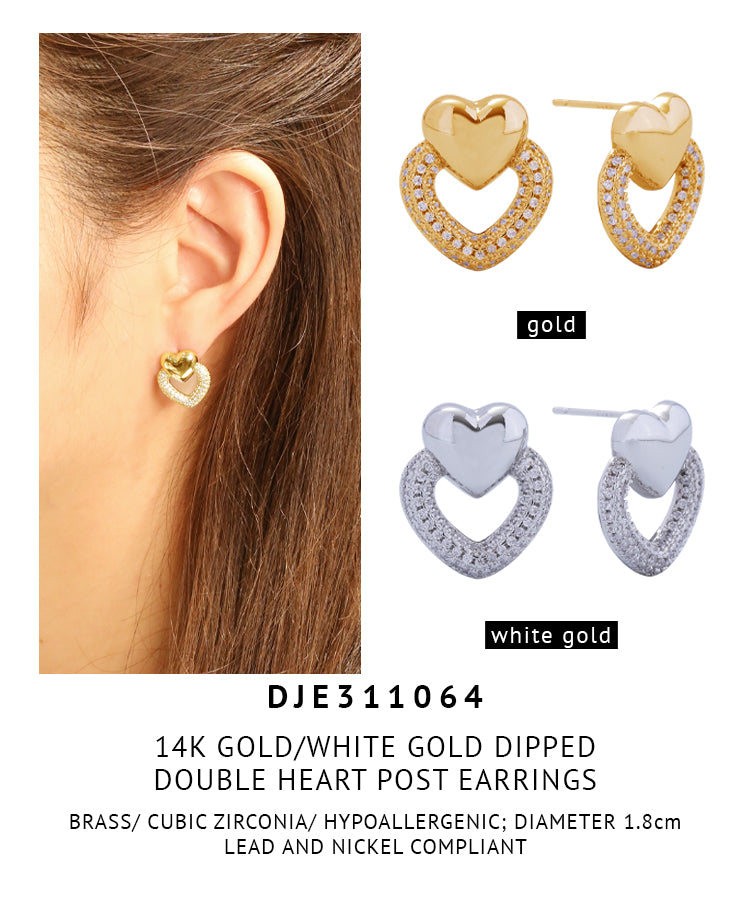14K Gold Dipped Double Heart Post Earrings