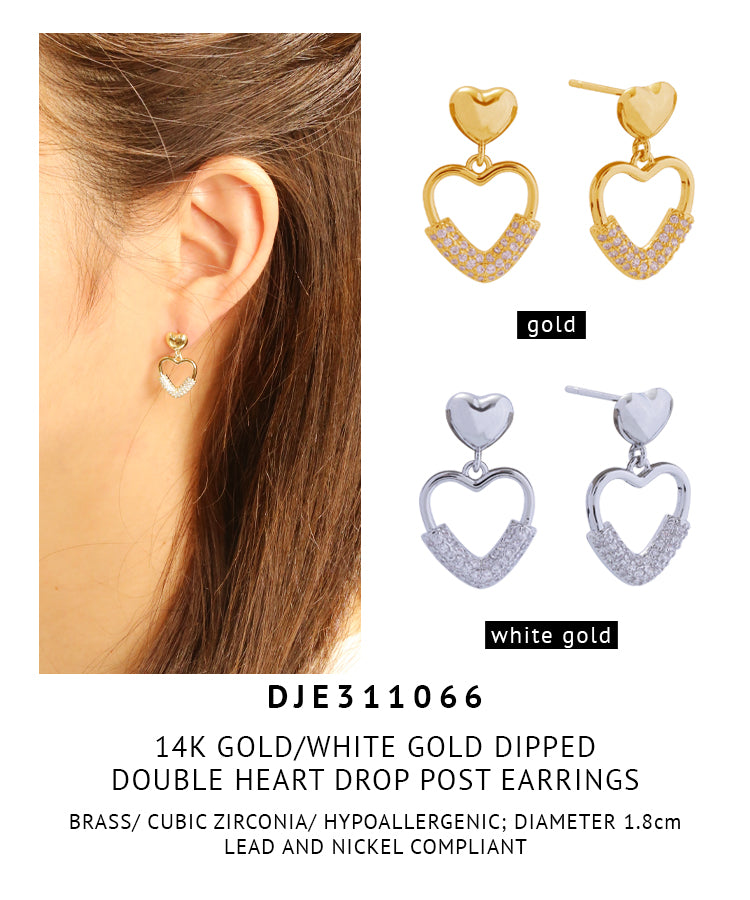 14K Gold Dipped Double Heart Drop Post Earrings