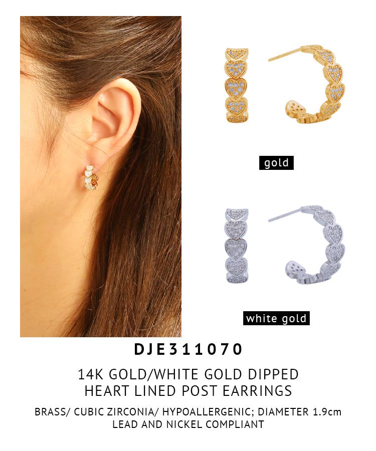 14K Gold Dipped Heart Lined Post Earrings
