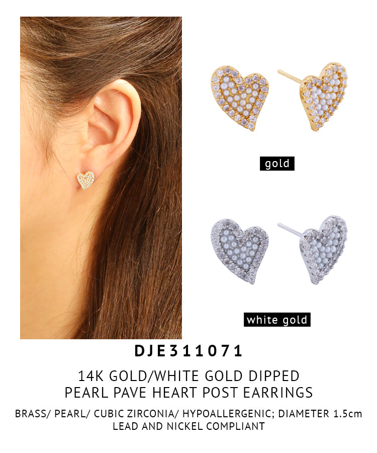14K Gold Dipped Pearl Pave Heart Post Earrings