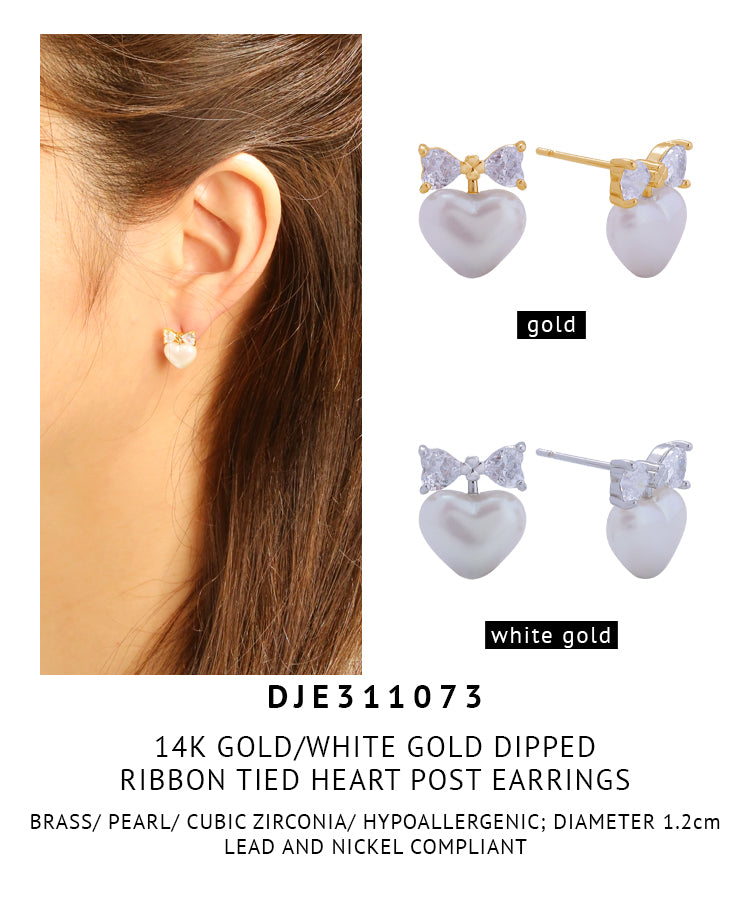 14K Gold Dipped Ribbon Tied Heart Post Earrings