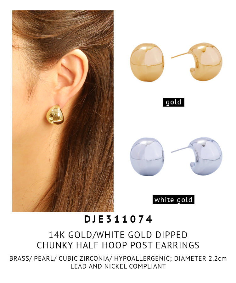 14K Gold Dipped Chunky Half Hoop Post Earrings