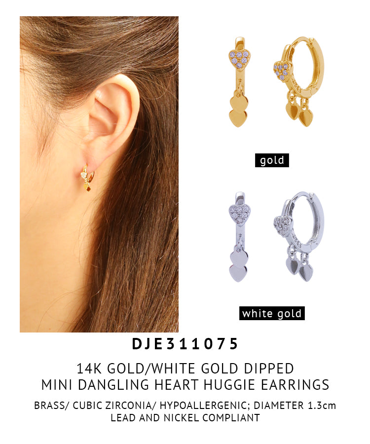 14K Gold Dipped Mini Dangling Heart Huggie Earrings