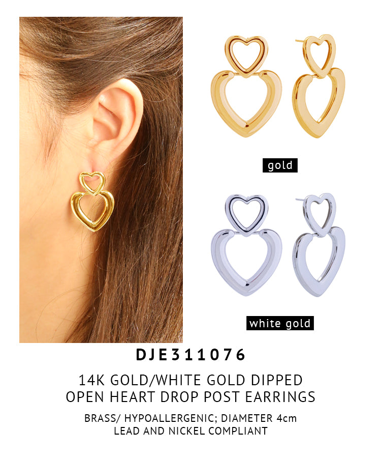 14K Gold Dipped Open Heart Drop Post Earrings