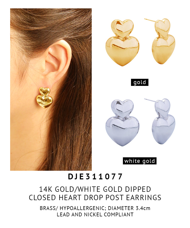 14K Gold Dipped Closed Heart Drop Post Earrings