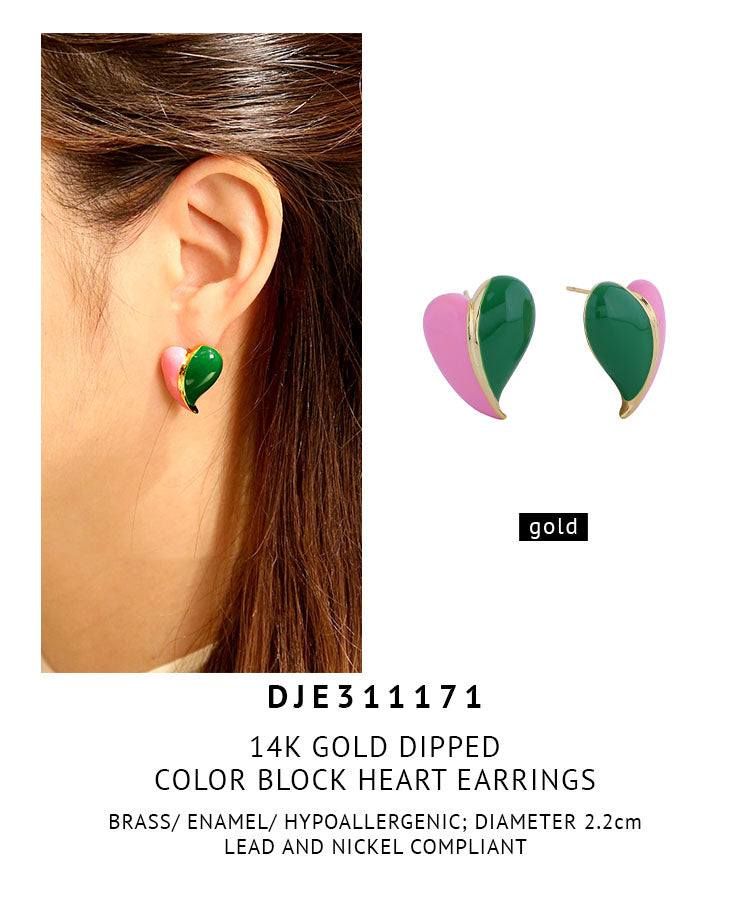 14K Gold Dipped Color Block Heart Earrings