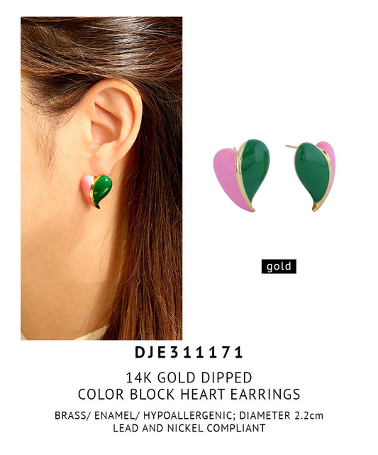 14K Gold Dipped Color Block Heart Earrings