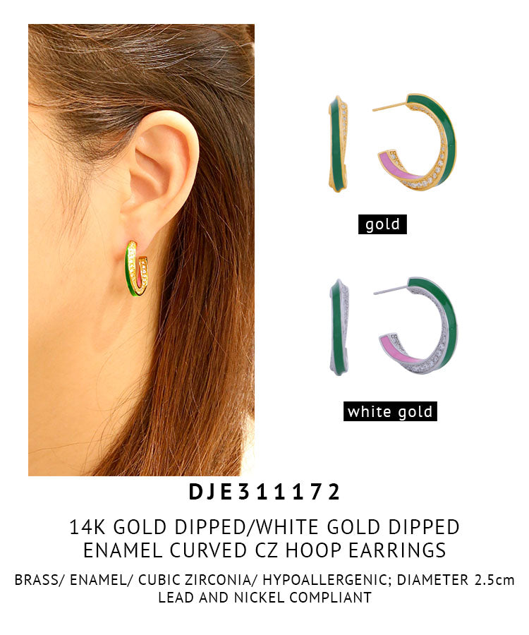 14K Gold Dipped Enamel Curved CZ Hoop Earrings