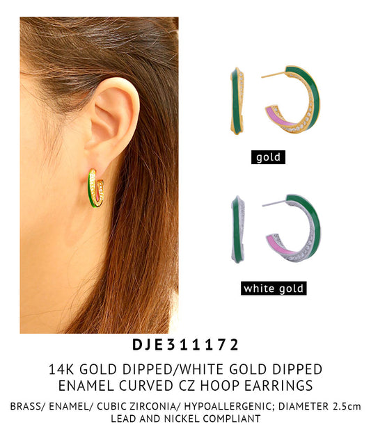 14K Gold Dipped Enamel Curved CZ Hoop Earrings