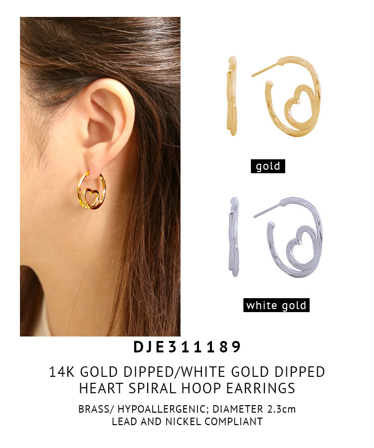 14K Gold Dipped Heart Spiral Hoop Earrings
