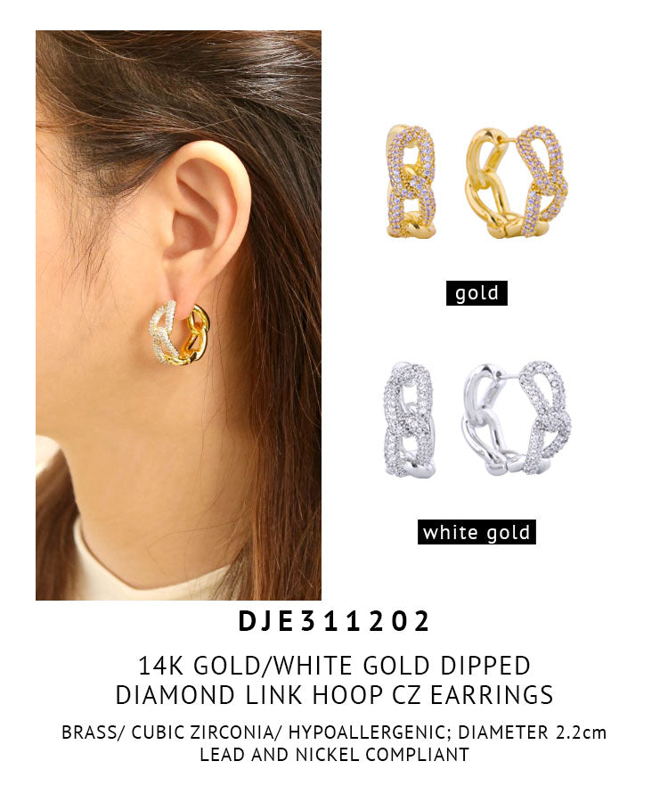 14K Gold Dipped Diamond Link Hoop CZ Earrings