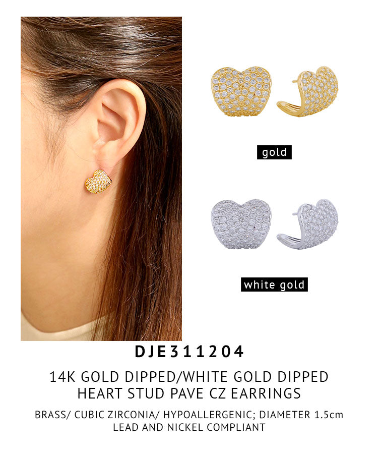 14K Gold Dipped Heart Stud Pave CZ Earrings