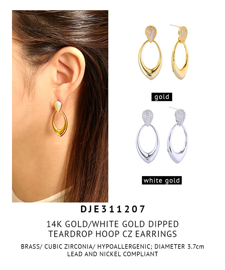 14K Gold Dipped Teardrop Hoop CZ Earrings