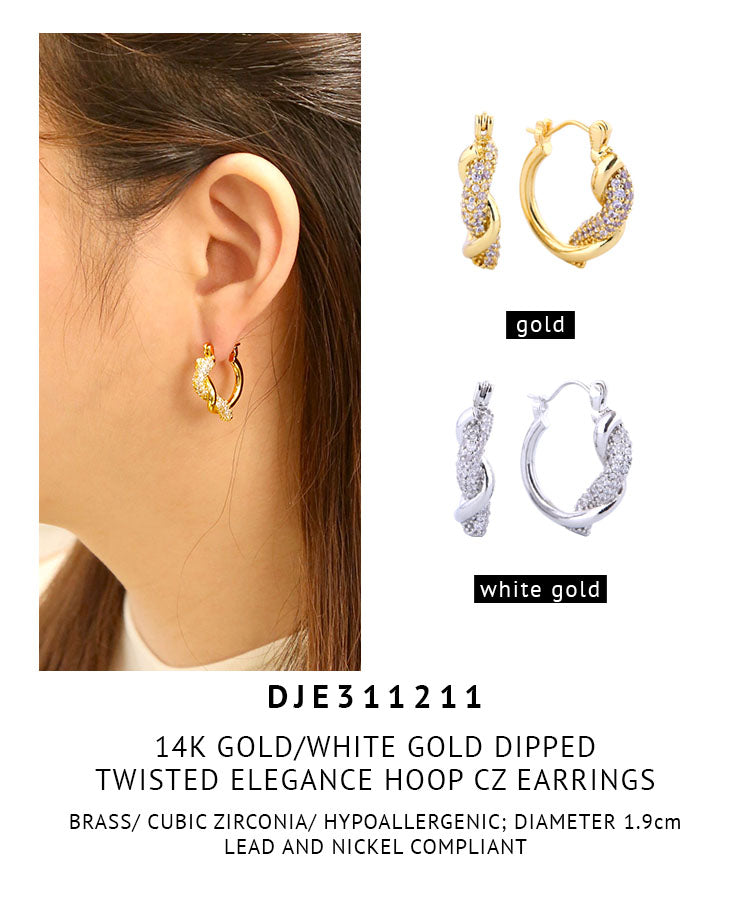 14K Gold Dipped Twisted Elegance Hoop CZ Earrings